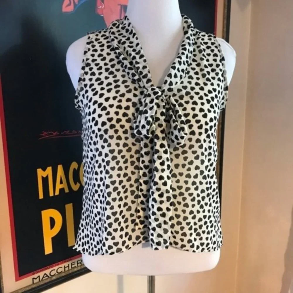 MARISOL: Cream/ Black Heart Button Up Tie Blouse